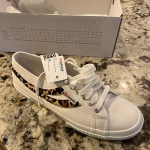 New Superga canvas sneaker with leopard trim.